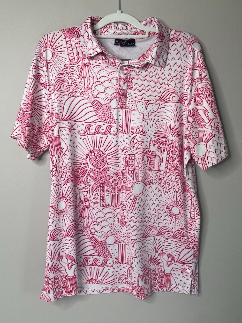 Yatta Golf Polo Shirt Men Medium Pink White Tropical Hawaiian Performance Golf P